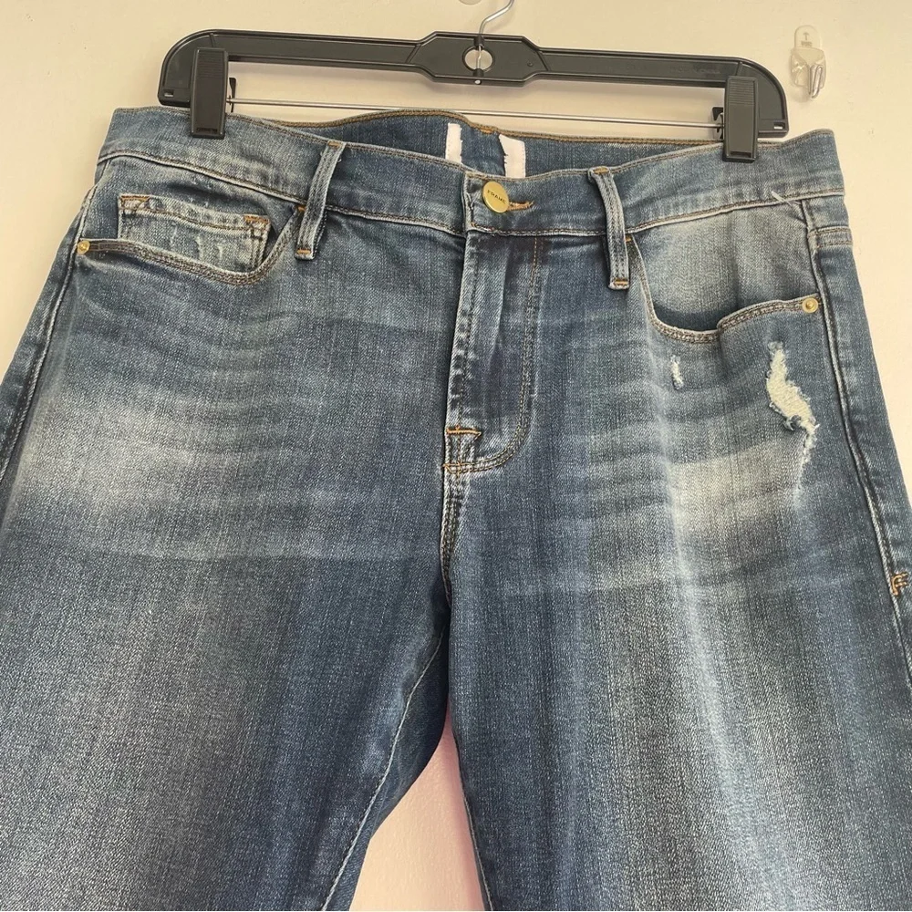 New! Frame Le Garçon Azure Blue Mid Rise Distressed Straight Jeans 22624 - Picture 4 of 14